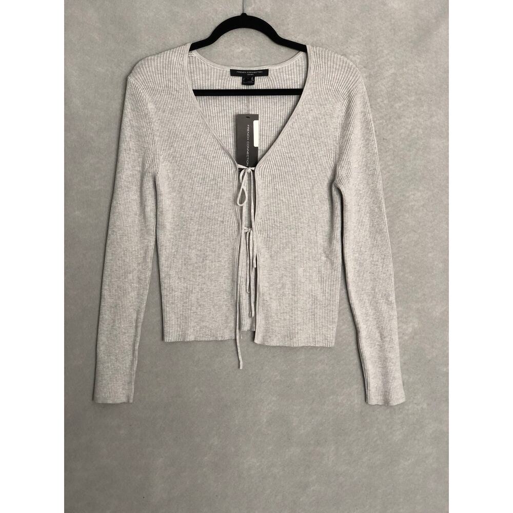 French Connection Ribbed Cardigan Sweater Tie Front Gray Women's Large NEW